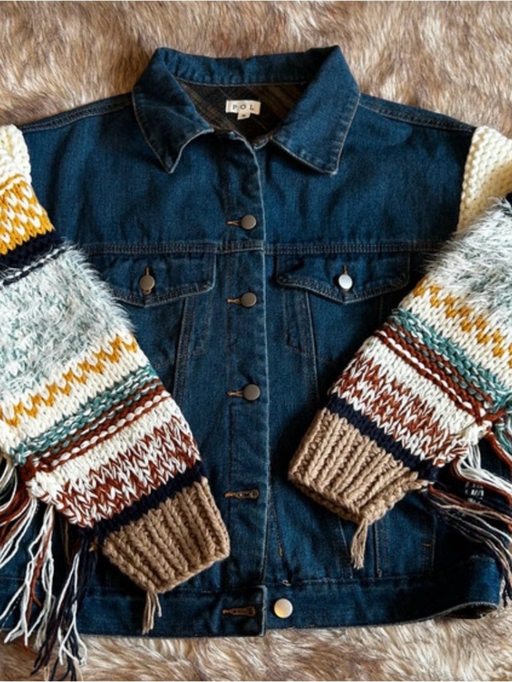 POL Blue Denim Jean  Jacket Multicolor Knit Sweater Sleeves size M